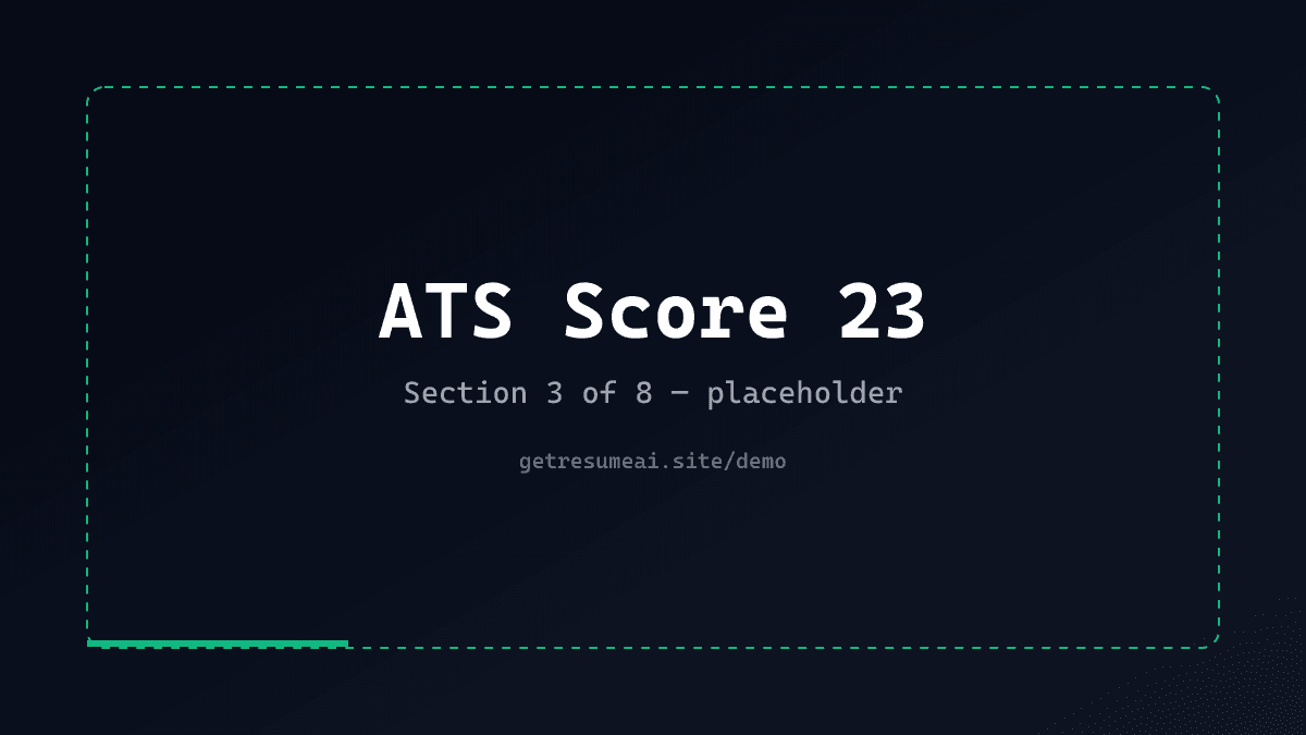 ATS score dashboard listing 23 criteria such as layout, keywords, and action verbs — placeholder
